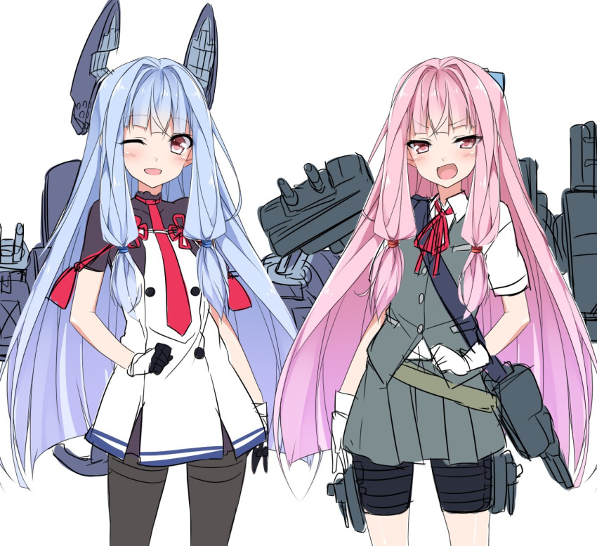&gt;:d 2girls :d ;d arm_at_side bangs belt blue_ribbon blunt_bangs blush buttons cannon clenched_hand collared_shirt eyebrows eyebrows_visible_through_hair gloves grey_skirt grey_vest hair_ribbon headphones highres holster kantai_collection kotonoha_akane kotonoha_aoi long_hair looking_at_viewer machinery mtu_(orewamuzituda) multiple_girls murakumo_(kantai_collection) murakumo_(kantai_collection)_(cosplay) necktie one_eye_closed open_mouth pantyhose pink_eyes pink_hair red_eyes red_necktie red_ribbon ribbon shiranui_(kantai_collection) shiranui_(kantai_collection)_(cosplay) shirt shoulder_belt sidelocks silver_hair simple_background skirt smile standing tareme thigh_holster thigh_strap tsurime turret very_long_hair voiceroid white_background white_gloves white_shirt wing_collar