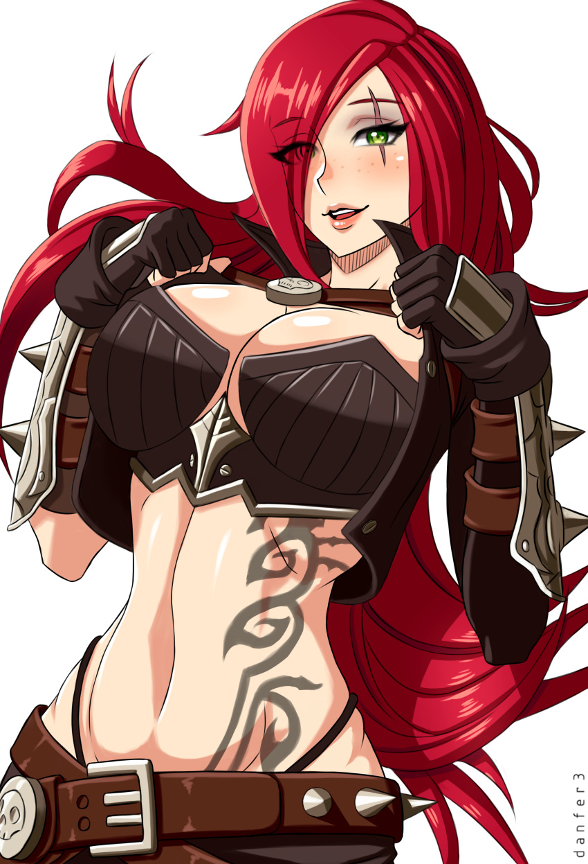 1girl absurdres armor artist_name bangs belt black_gloves black_jacket black_panties blush breasts buckle cleavage crop_top cropped_jacket danfer3 eyebrows eyebrows_visible_through_hair eyes_visible_through_hair fingerless_gloves freckles gloves green_eyes hair_over_one_eye highleg highleg_panties highres jacket katarina_du_couteau large_breasts league_of_legends long_hair looking_at_viewer midriff navel open_clothes open_jacket panties parted_lips redhead scar scar_across_eye simple_background solo spiked_belt spikes tattoo underwear upper_body very_long_hair white_background wrist_cuffs