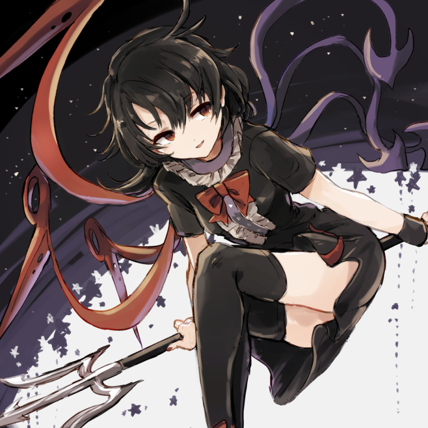 1girl asymmetrical_wings bangs black_dress black_hair black_legwear dress floating hisona_(suaritesumi) houjuu_nue looking_to_the_side open_mouth polearm red_eyes red_ribbon ribbon short_dress short_sleeves sketch solo thigh-highs touhou trident weapon wings wrist_cuffs