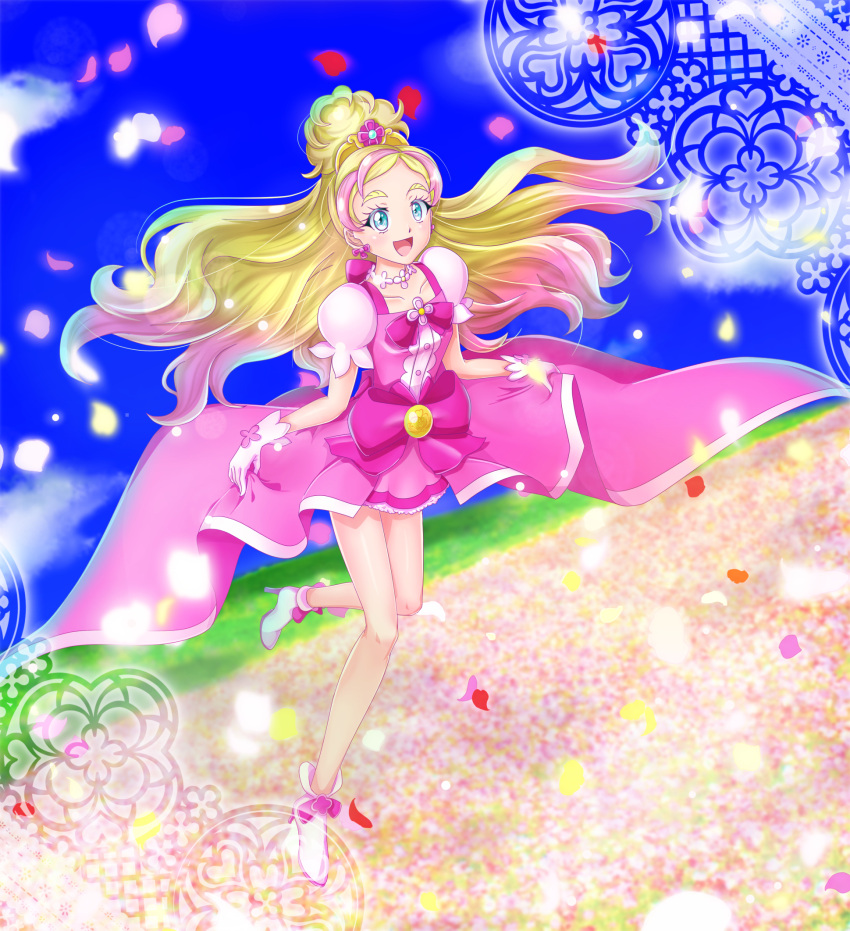 blonde_hair blue_eyes blush cure_flora dress flower gloves go!_princess_precure haruno_haruka long_hair magical_girl odango precure ribbon sky smile