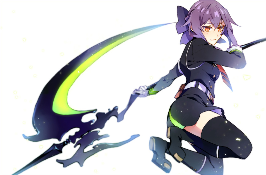 blush brown_eyes gloves hiiragi_shinoa jacket long_hair owari_no_seraph ribbon scythe violet_hair