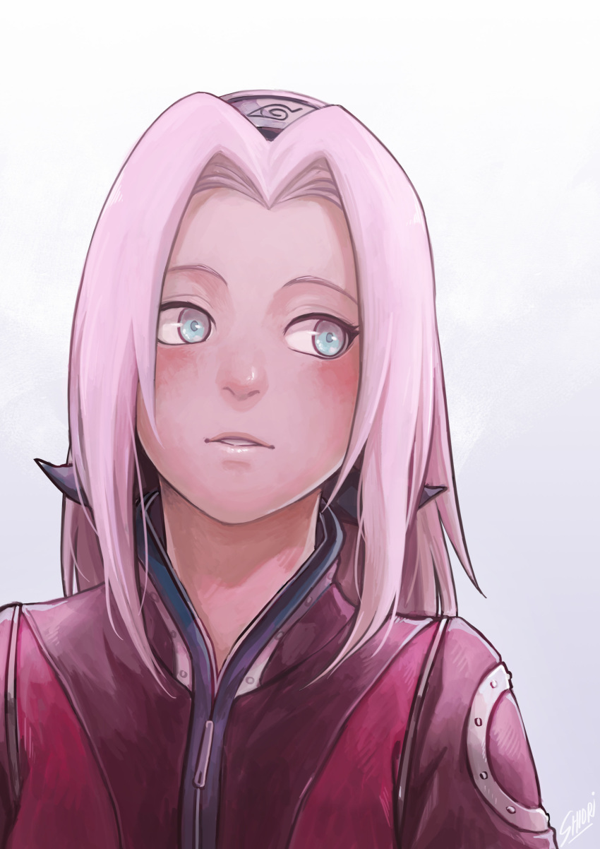1girl absurdres aqua_eyes blush forehead_protector haruno_sakura highres looking_to_the_side naruto parted_lips pink_hair portrait shiori_lee_jeng solo