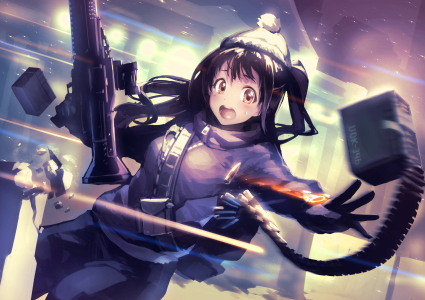 1girl bangs beanie belt black_hair blush box broken brown_eyes brown_hair building bullet dutch_angle gloves gun hat highres holding holding_gun holding_weapon idolmaster idolmaster_cinderella_girls lens_flare light_particles long_hair long_sleeves looking_at_viewer looking_to_the_side m60 machine_gun motion_blur noname_(metaldragonfly) one_side_up open_mouth outstretched_arms parody pocket pom_pom_(clothes) shell_casing shimamura_uzuki solo tom_clancy's_the_division turtleneck weapon weapon_request white_hat zipper