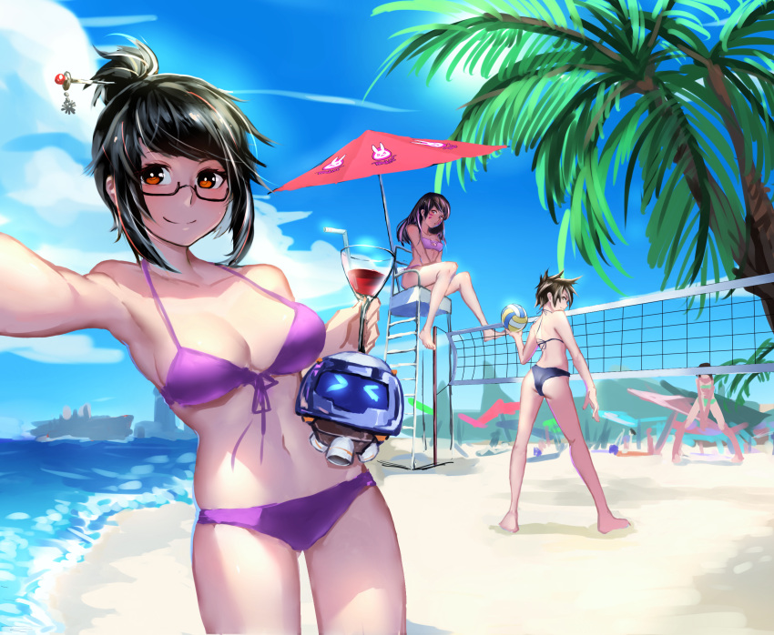 &gt;_&lt; 4girls armpits ass back bare_legs bare_shoulders barefoot beach beach_umbrella beach_volleyball bikini black_hair breasts cleavage cleavage_cutout closed_eyes closed_mouth collarbone d.va_(overwatch) drinking_straw facepaint glass glasses hair_ornament hairpin highres holding holding_glass large_breasts long_hair looking_at_viewer looking_back mei_(overwatch) multiple_girls navel net orange_eyes outdoors overwatch pauld purple_bikini sand semi-rimless_glasses short_hair sitting sky smile standing stomach swimsuit tagme tracer_(overwatch) tree umbrella under-rim_glasses water