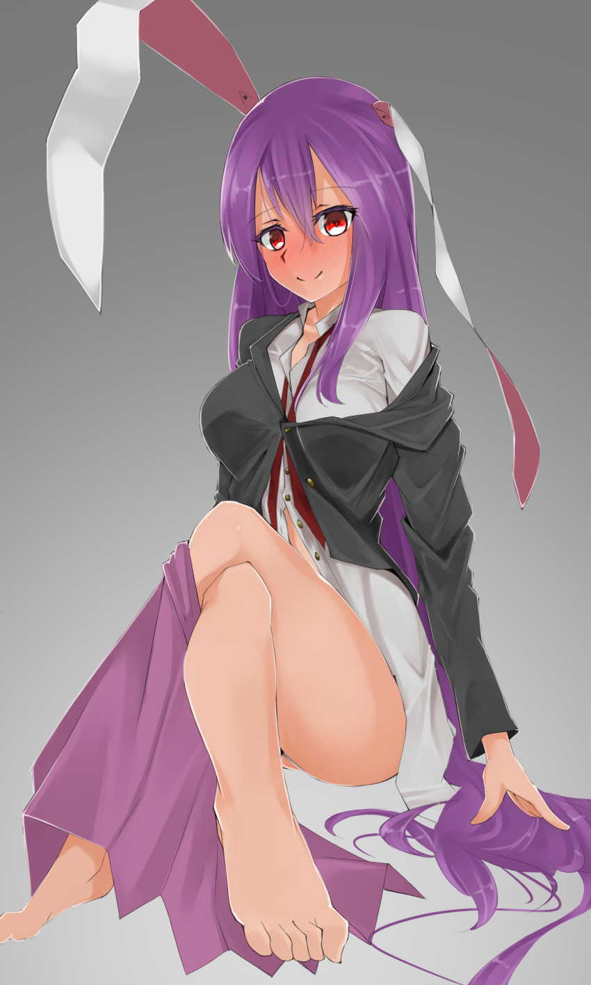 1girl animal_ears blazer blouse blush breasts grey_background hachidori_tou highres jacket large_breasts lavender_hair long_hair looking_at_viewer necktie pleated_skirt purple_hair rabbit_ears red_eyes red_necktie reisen_udongein_inaba shirt simple_background sitting skirt solo touhou very_long_hair