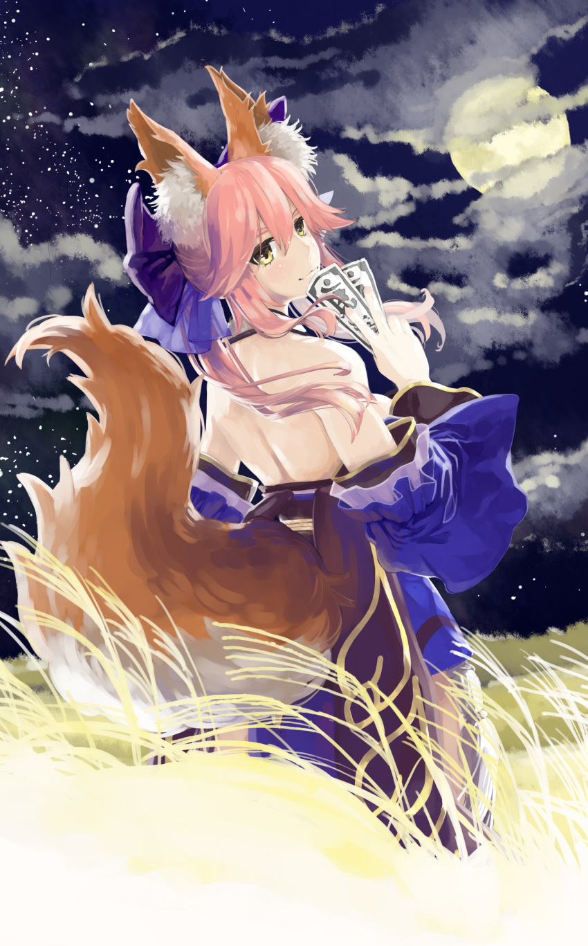 1girl absurdres animal_ears blue_legwear caster_(fate/extra) detached_sleeves fate/extra fate_(series) fox_ears fox_tail full_moon hair_ribbon highres japanese_clothes looking_at_viewer looking_back moon pink_hair ribbon satsuki_(satsuki1987) solo tail yellow_eyes