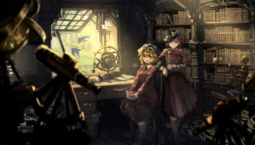 2girls arm_support armillary_sphere bird blonde_hair blurry book bookshelf brown_hair capelet chair dark desk dress hands_on_lap hat highres holding indoors kaatoso leaning leaning_to_the_side long_hair looking_at_another looking_at_viewer maribel_hearn mob_cap multiple_girls open_mouth paper red_eyes scenery sextant sitting smile sunlight top_hat touhou usami_renko window yellow_eyes