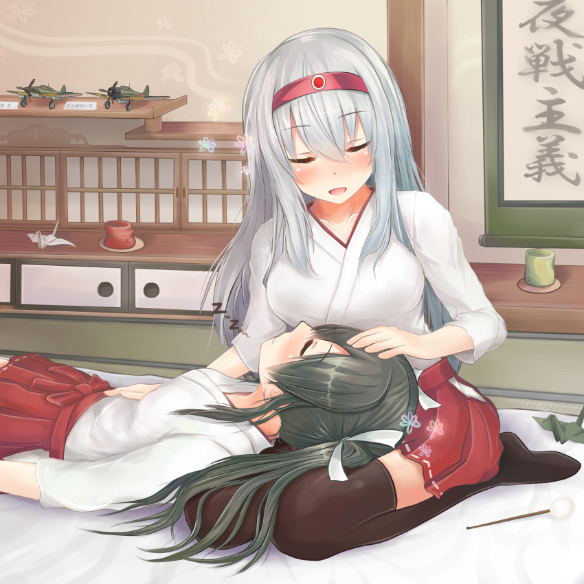 2girls :d absurdres bed bed_sheet black_legwear black_ribbon blush breasts chest_of_drawers closed_eyes closed_mouth drawer flower full_body futon green_hair hair_between_eyes hairband hakama_skirt headband highres hip_vent japanese_clothes kantai_collection kimono lap_pillow large_breasts long_hair long_sleeves mimikaki miniature morutaru multiple_girls on_bed on_lap open_mouth origami paper_crane pleated_skirt red_skirt ribbon room saucer scroll shelf shirt shoukaku_(kantai_collection) silver_hair sitting skirt sleeping smile swimsuit thigh-highs tissue tissue_box toy_airplane twintails upper_body wariza white_shirt zettai_ryouiki zuikaku_(kantai_collection) zzz