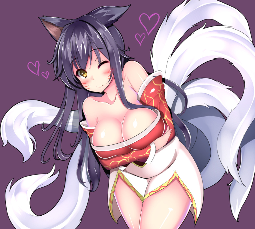 1girl ahri animal_ears bare_shoulders black_hair breasts cleavage collarbone detached_sleeves facial_mark fang fox_ears fox_tail korean_clothes large_breasts league_of_legends multiple_tails senra_banshou slit_pupils solo tail whisker_markings yellow_eyes