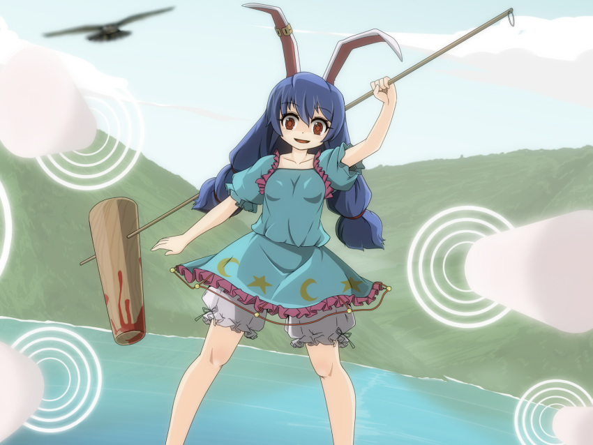 1girl ambiguous_red_liquid animal_ears blood bloomers blue_dress blue_hair blue_sky blush breasts clouds cloudy_sky collarbone crazy_eyes crazy_smile crescent dress ear_clip emanon food frills gate_of_babylon hammer highres holding holding_weapon kine low_twintails mallet mochi moon_print moon_rabbit open_mouth puffy_short_sleeves puffy_sleeves rabbit_ears red_eyes seiran_(touhou) short_dress short_hair short_sleeves sky small_breasts smile solo stain star star_print touhou twintails underwear wagashi water weapon