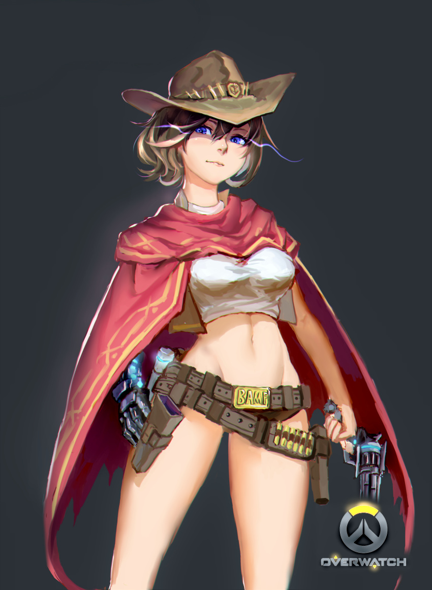 1girl absurdres ammunition bangs belt blue_eyes breasts brown_hair cape closed_mouth copyright_name cowboy_hat cowboy_shot crop_top genderswap genderswap_(mtf) glowing glowing_eyes gun hair_between_eyes hat highres holding holding_gun holding_weapon holster looking_at_viewer mccree_(overwatch) midriff navel overwatch pauld shirt short_hair short_shorts shorts simple_background solo stomach tagme taut_clothes taut_shirt weapon