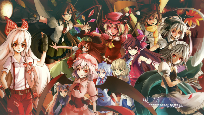 6+girls apron arm_cannon arm_warmers artist_name ascot bat_wings bike_shorts bird_wings black_wings blonde_hair blue_eyes blue_hair book bow braid brooch brown_hair cape cirno clear_echoes crystal detached_sleeves dress fan fingerless_gloves flandre_scarlet fujiwara_no_mokou gloves green_eyes hair_bow hair_ribbon hair_tubes hairband hakurei_reimu hat hat_ribbon hauchiwa highres hitodama hong_meiling ice ice_wings izayoi_sakuya jewelry katana knife konpaku_youmu konpaku_youmu_(ghost) lavender_hair long_hair maid maid_apron maid_headdress miniskirt mizuhashi_parsee mob_cap multiple_girls open_mouth outstretched_arms pants patchouli_knowledge pointy_ears pom_pom_(clothes) puffy_short_sleeves puffy_sleeves red_eyes redhead reiuji_utsuho remilia_scarlet ribbon sarashi scarf shameimaru_aya short_hair short_sleeves shorts_under_skirt side_ponytail silver_hair skirt skirt_set star suspenders sword third_eye tokin_hat touhou twin_braids very_long_hair waist_apron weapon white_hair wings wrist_cuffs