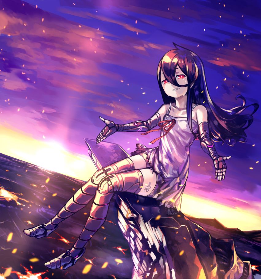 1girl 2015 artist_name black_hair cliff clouds crying crying_with_eyes_open dated dress dutch_angle embers full_body hair_between_eyes haruko_(halife) highres knees_together_feet_apart mechanical_arms mechanical_legs number original outdoors parted_lips red_eyes red_ribbon ribbon sitting solo sundress sunset tears thigh_strap torn_clothes torn_dress white_dress wind