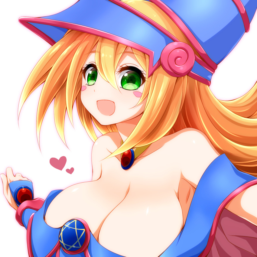 1girl :d bare_shoulders blonde_hair blush_stickers breasts choker cleavage collarbone commentary_request dark_magician_girl duel_monster green_eyes hat heart hexagram highres large_breasts long_hair looking_at_viewer off_shoulder open_mouth smile solo upper_body watarui white_background wizard_hat yuu-gi-ou yuu-gi-ou_duel_monsters