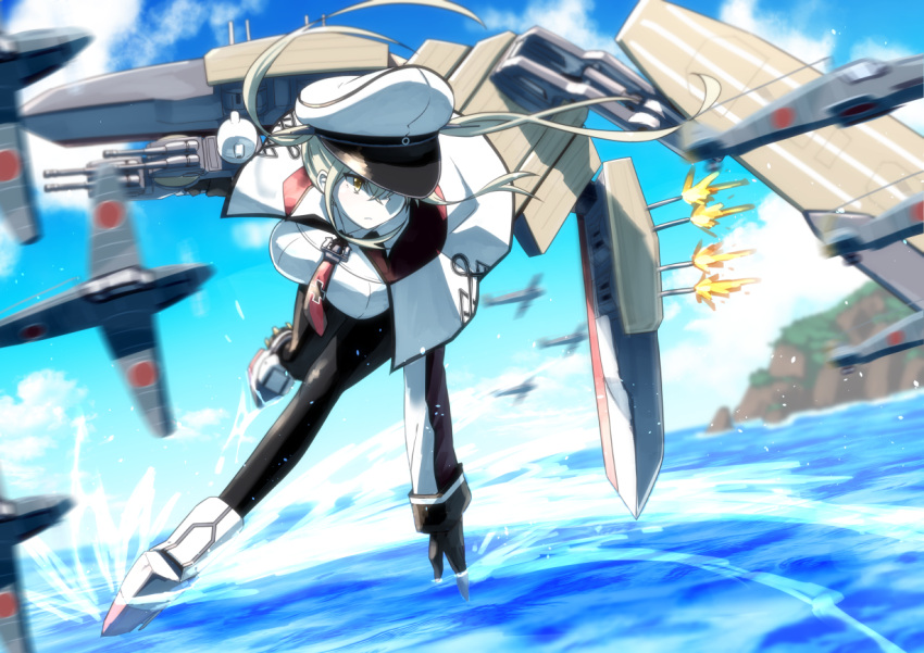 1girl airplane anchor_choker ankle_boots bent_over black_gloves black_legwear blonde_hair blue_sky boots breasts cannon closed_mouth day expressionless firing floating_hair full_body gloves graf_zeppelin_(kantai_collection) hat iron_cross kantai_collection large_breasts machinery mizunashi_(second_run) motion_lines necktie ocean outdoors pale_skin pantyhose peaked_cap red_necktie running_on_water short_hair sidelocks sky soaking_hands solo splashing turret twintails water white_boots white_hat