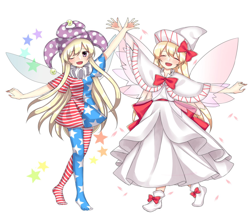 2girls american_flag american_flag_dress american_flag_legwear blonde_hair cheunes closed_eyes clownpiece collar dress fairy fairy_wings frilled_collar frills hat highres jester_cap leggings lily_white long_hair multiple_girls open_mouth outstretched_arms pantyhose polka_dot print_legwear red_ribbon ribbon sash short_dress smile socks spread_arms star touhou very_long_hair white_dress wings yellow_eyes