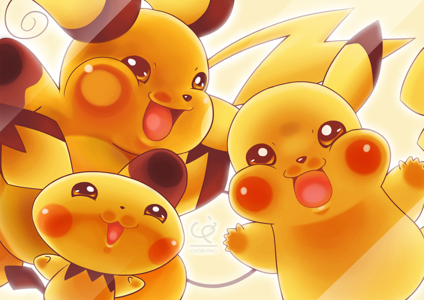 against_glass artist_name fourth_wall highres no_humans open_mouth pichu pikachu pokemon pokemon_(creature) raichu smile tail toni_hoang_nguyen watermark