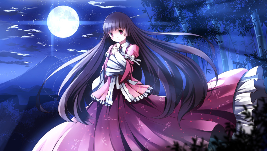 1girl bamboo bamboo_forest black_hair clouds forest full_moon highres hime_cut houraisan_kaguya long_skirt long_sleeves moon moonlight mountain nature outdoors pink_eyes risutaru shirt skirt sky solo star_(sky) starry_sky touhou very_long_skirt wide_sleeves wind