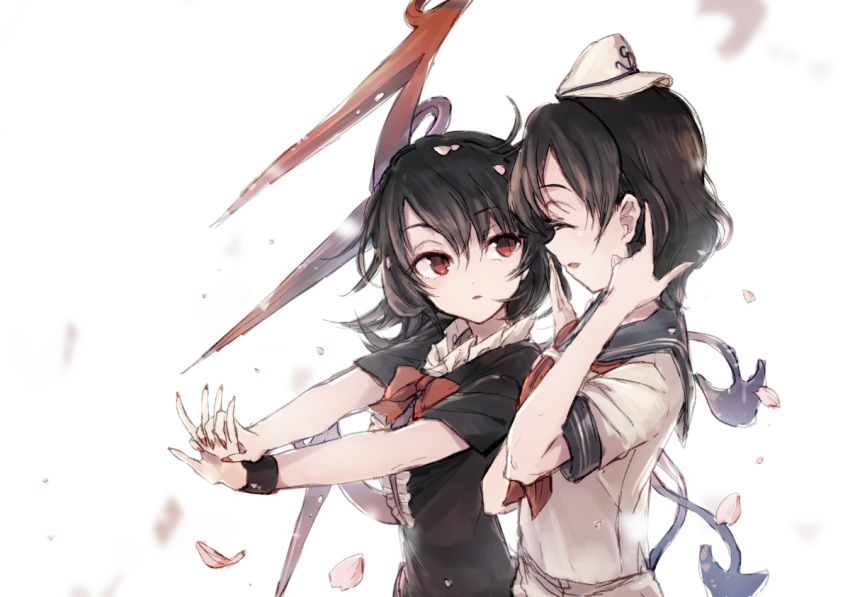 2girls armband asymmetrical_wings black_dress black_hair bow brown_hair cherry_blossoms closed_eyes collar dress eyebrows eyebrows_visible_through_hair frilled_collar frilled_dress frills hand_to_own_mouth hat hisona_(suaritesumi) houjuu_nue interlocked_fingers looking_at_another mini_hat multiple_girls murasa_minamitsu nail_polish open_mouth outstretched_arms petals pointing pointing_up red_eyes red_nails ribbon sailor sailor_collar sailor_hat shirt short_hair short_sleeves simple_background smile touhou upper_body white_background wings wrist_cuffs