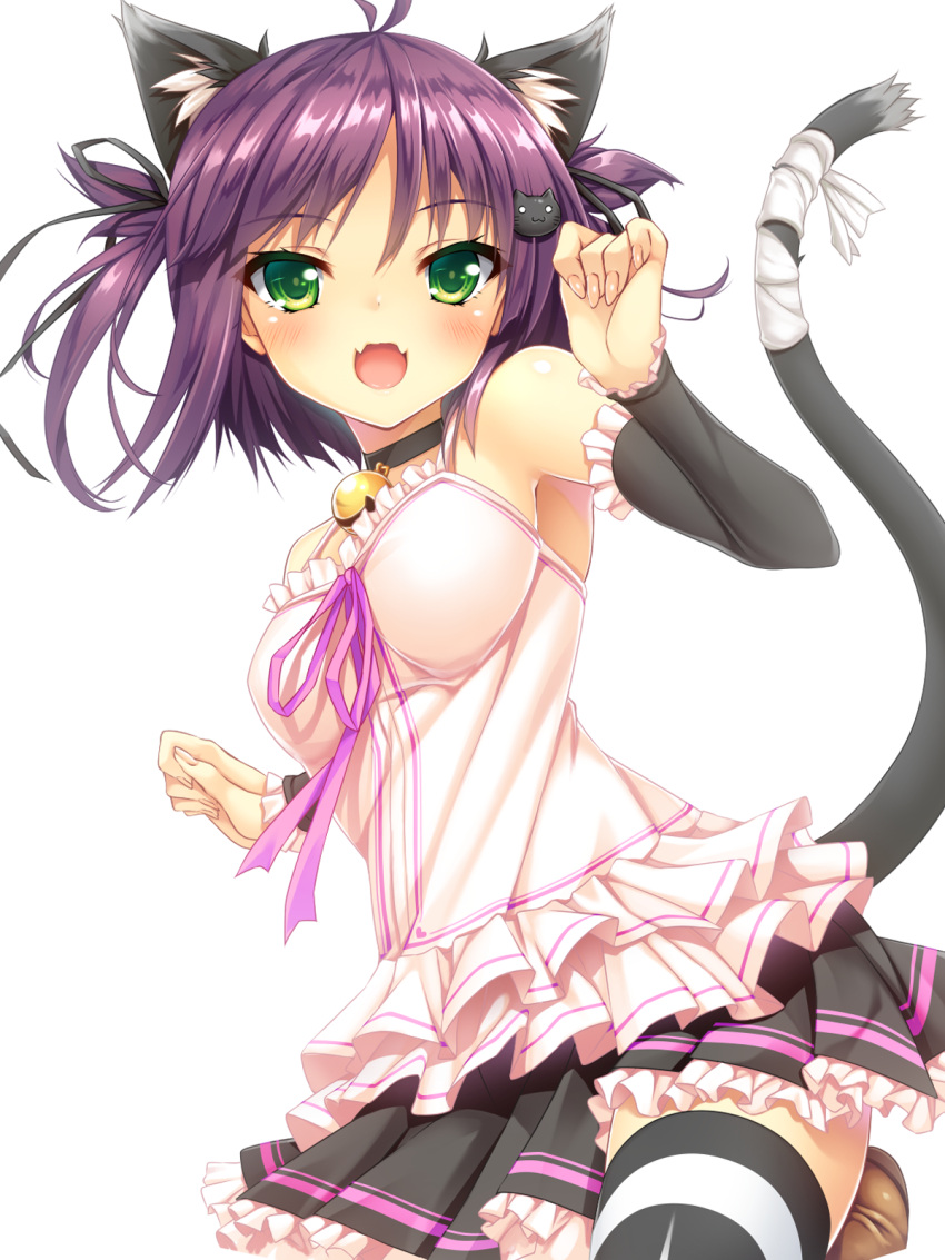 1girl ahoge animal_ears bare_shoulders bell bell_choker black_ribbon blush cat_ears cat_hair_ornament cat_tail choker commentary_request detached_sleeves extra_ears fangs green_eyes hair_ornament hair_ribbon hairclip highres moeki_yuuta open_mouth original purple_hair ribbon short_hair simple_background skirt smile solo striped striped_legwear tail tail_ribbon thigh-highs twintails white_background