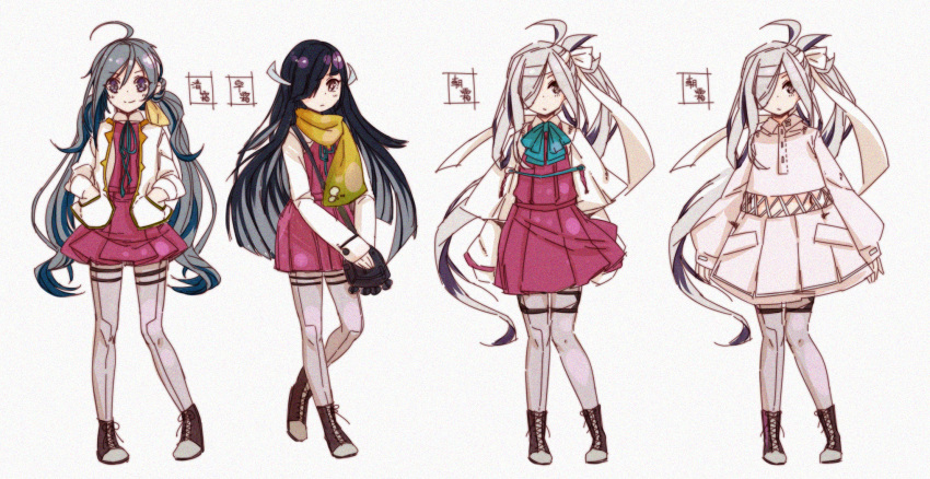 33_(mkiiiiii) 3girls ahoge alternate_costume asashimo_(kantai_collection) black_hair boots bow bowtie brown_eyes capelet character_name coat dress film_grain full_body grey_hair hachimaki hair_over_one_eye hair_ribbon hairband hands_in_pockets hayashimo_(kantai_collection) headband highres jacket kantai_collection kiyoshimo_(kantai_collection) long_hair looking_at_viewer multiple_girls pantyhose paper_background ponytail ribbon scarf school_uniform smile standing thigh_strap twintails very_long_hair violet_eyes wavy_hair