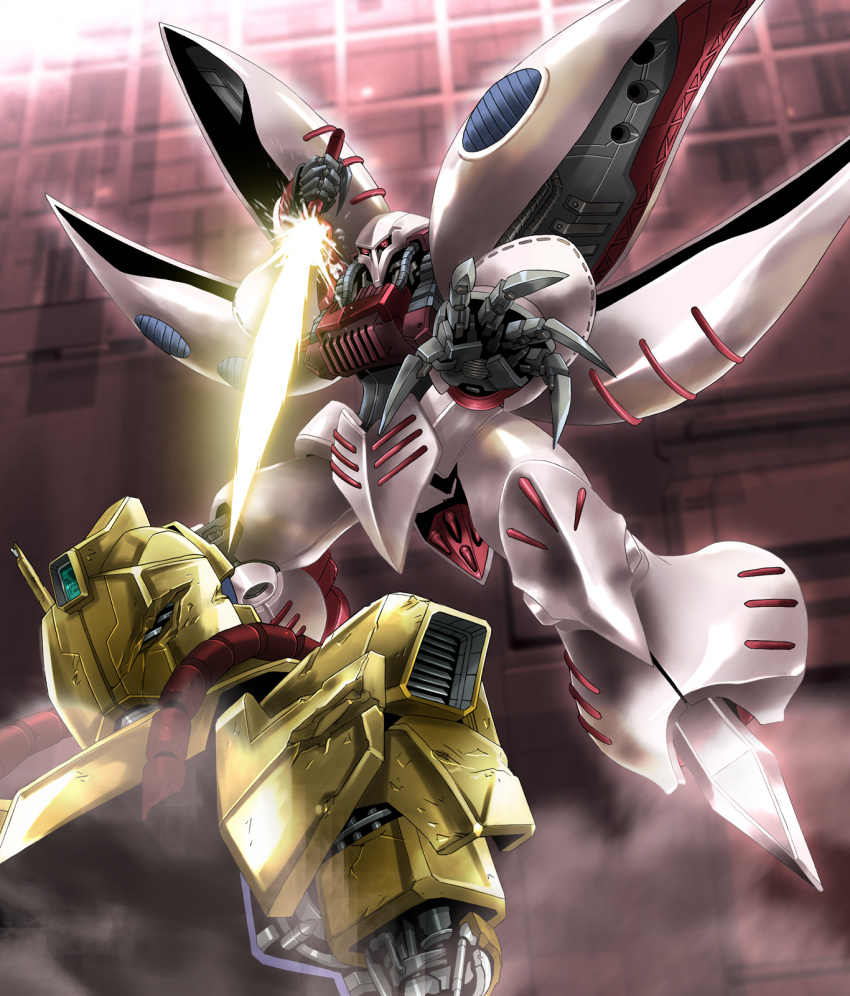 damaged energy_sword floating gundam highres hyaku_shiki mecha no_humans outstretched_arm platin_(alios) qubeley steam sword weapon zeta_gundam