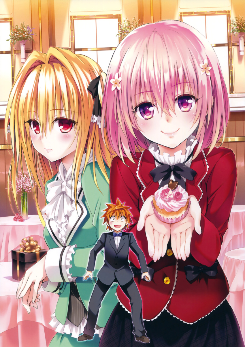 1boy 2girls absurdres blonde_hair brown_hair cake food hair_ornament highres konjiki_no_yami long_hair momo_velia_deviluke multiple_girls official_art pink_hair red_eyes short_hair to_love-ru violet_eyes yabuki_kentarou yuuki_rito