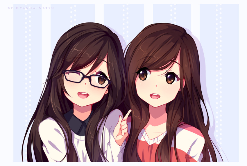 2girls ;d artist_name bangs black-framed_glasses black_shirt brown_eyes brown_hair collared_shirt head_tilt hyanna-natsu long_hair long_sleeves looking_at_another multiple_girls one_eye_closed open_mouth original pointing shirt silhouette smile striped striped_shirt swept_bangs upper_body vertical-striped_background vertical_stripes wing_collar