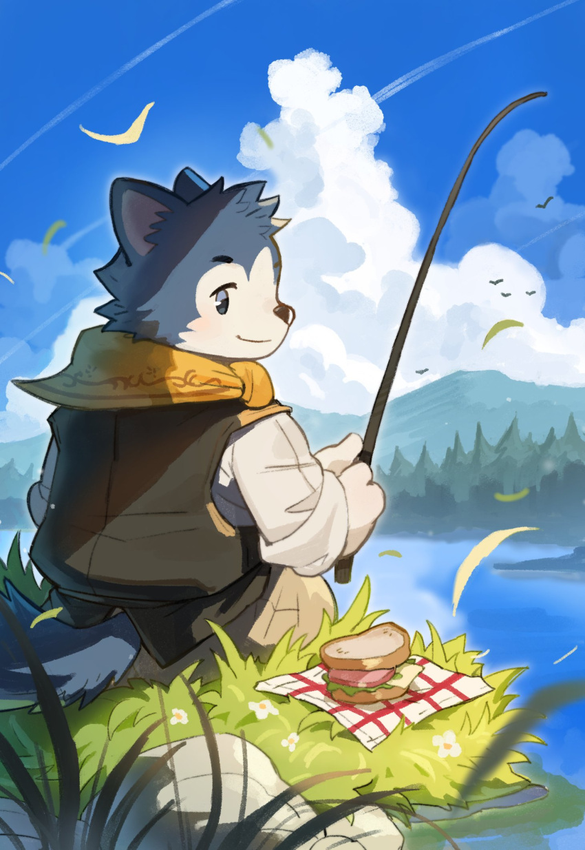 1boy animal_ears back blue_eyes blue_fur bruce_husky clouds cloudy_sky day dog_boy dog_ears dog_tail falling_leaves feet_out_of_frame fishing fishing_rod food furry furry_male highres holding holding_fishing_rod lake leaf looking_back male_focus neckerchief orange_neckerchief outdoors sandwich sitting sky smile solo sylvanian_families syukapong tail two-tone_fur white_fur wind