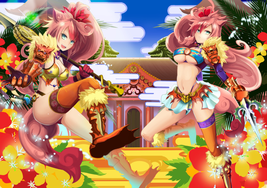 2girls absurdres ahoge animal_ears asymmetrical_hair bare_shoulders bikini blue_skirt blue_sky breasts cat_ears cat_tail cleavage closed_mouth clouds dagger day expressionless flower fur_trim gauntlets green_eyes hair_flower hair_ornament highres holding holding_weapon lance loincloth long_hair looking_at_viewer mask midriff mismatched_legwear multicolored_hair multiple_girls navel o-ring_top original outdoors outstretched_arm over_shoulder palm_tree pillar pink_hair plant pleated_skirt polearm ponytail redhead rin_falcon siblings side_ponytail single_thighhigh skirt sky smile spear stomach streaked_hair swimsuit tail temple thigh-highs tree twins unsheathed weapon yellow_bikini