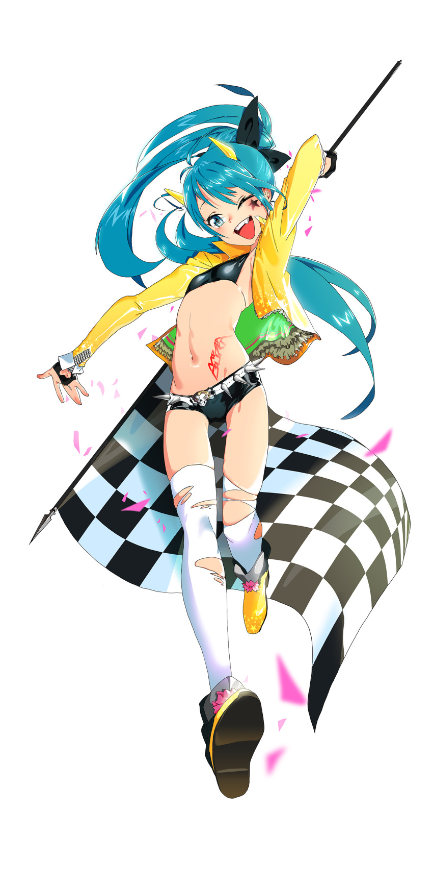 1girl absurdres belt black_shorts blue_eyes blue_hair boots checkered checkered_flag facial_tattoo fingerless_gloves flag gloves halter_top halterneck highres ian3314 jacket long_hair midriff navel one_eye_closed open_clothes open_jacket open_mouth original racequeen shoes short_shorts shorts skindentation small_breasts smile solo spiked_belt spikes star_tattoo tattoo thigh-highs torn_clothes torn_thighhighs twintails white_legwear