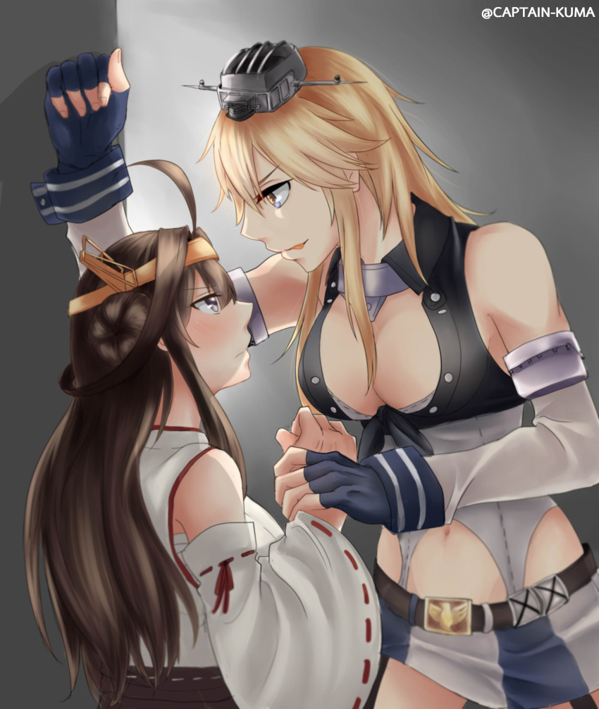 2girls absurdres ahoge blonde_hair breasts brown_eyes brown_hair captainkuma cleavage fingerless_gloves gloves height_difference highres iowa_(kantai_collection) kantai_collection kongou_(kantai_collection) licking_lips long_hair multiple_girls navel nontraditional_miko sarashi tongue tongue_out twitter_username wall_slam yuri
