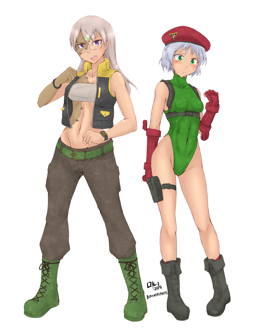 &gt;:d 2girls :d artist_name belt beret blonde_hair bookmarkahead boots breasts cammy_white cammy_white_(cosplay) charlie_nash charlie_nash_(cosplay) clenched_hand collarbone cosplay dated denim eila_ilmatar_juutilainen glasses green_eyes grey_hair groin hat highres jeans laces leotard long_hair looking_at_viewer midriff multiple_girls navel open_mouth pants sanya_v_litvyak simple_background skin_tight sleeveless smile street_fighter street_fighter_v strike_witches teeth thong_leotard violet_eyes white_background