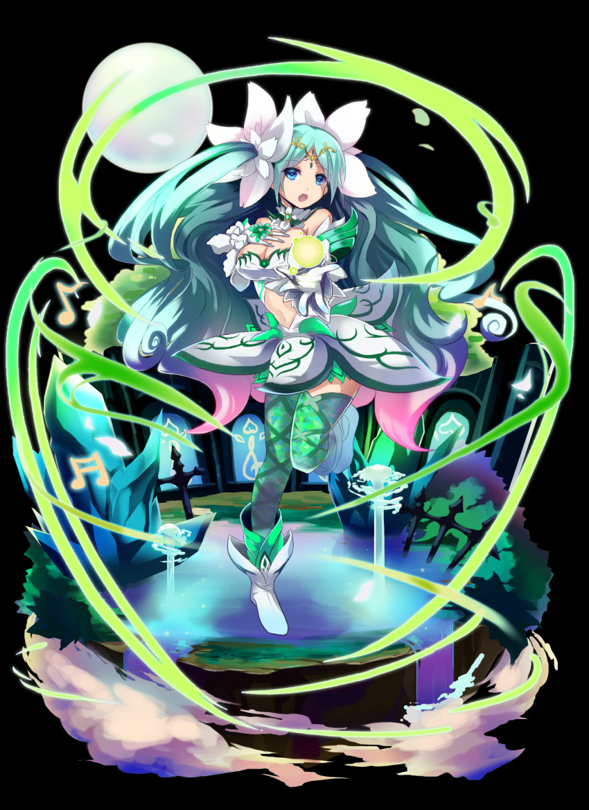 1girl :o aqua_eyes armor armored_dress bare_shoulders breasts center_opening cleavage detached_collar detached_sleeves dress floating_object foreshortening fountain full_moon glowing green_hair green_legwear hand_on_own_chest highres long_hair long_sleeves looking_at_viewer merc_storia moon musical_note navel open_mouth orb original outstretched_arm rin_falcon standing_on_one_leg stomach strapless strapless_dress thigh-highs tiara twintails water white_dress zettai_ryouiki