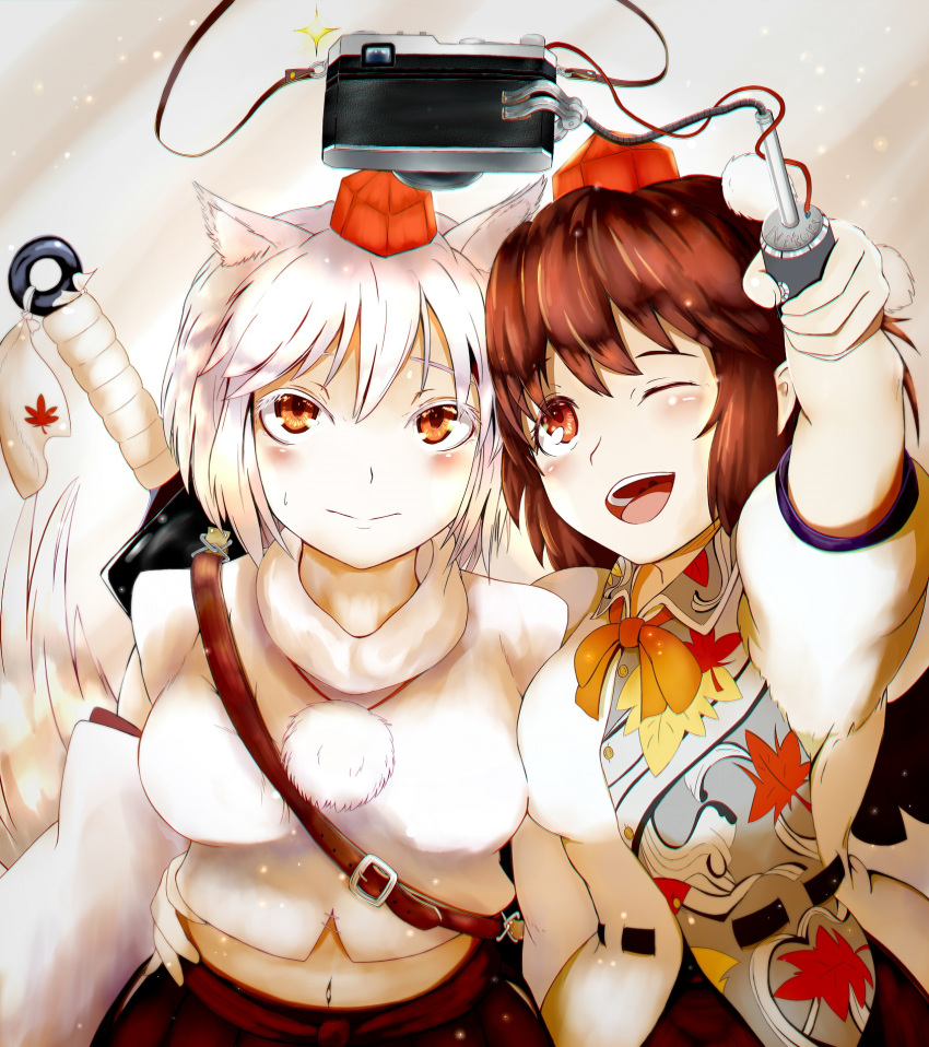 2girls ;d animal_ears asymmetrical_docking behind_back blush bow bowtie breast_press breasts brown_hair camera closed_mouth collared_shirt colored_eyelashes detached_sleeves hand_on_another's_hip hat highres holding inubashiri_momiji kagami_toufu long_sleeves looking_up machinery multiple_girls one_eye_closed open_mouth orange_bow orange_bowtie orange_eyes pom_pom_(clothes) puffy_short_sleeves puffy_sleeves red_eyes redhead self_shot selfie_stick shameimaru_aya sheath sheathed shirt short_hair short_sleeves smile sparkle strap_cleavage sweatdrop sweater_vest sword taking_picture tareme tokin_hat touhou turtleneck weapon white_shirt wing_collar wolf_ears