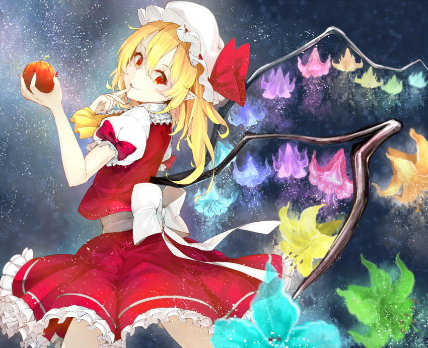 1girl apple bangs blonde_hair blue_flower blurry bow closed_mouth cowboy_shot cravat crystal depth_of_field finger_to_mouth fingernails flandre_scarlet flower food frilled_skirt frilled_sleeves frills fruit glowing_flower green_flower hair_between_eyes hat hat_bow hat_ribbon head_tilt holding holding_fruit light_particles long_fingernails looking_at_viewer mob_cap nail_polish one_side_up pink_flower puffy_short_sleeves puffy_sleeves purple_flower red_bow red_eyes red_nails red_ribbon red_skirt red_vest ribbon sharp_fingernails shirt short_sleeves shushing skirt skirt_set smile solo somalisu touhou vest white_bow white_hat white_shirt wings yellow_flower