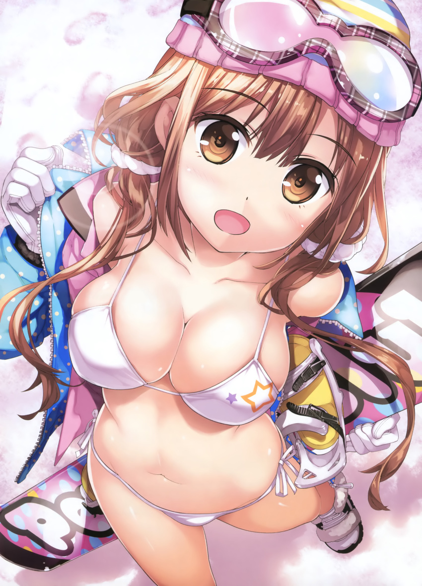 1girl :d absurdres beanie bikini bikini_under_clothes boots brown_eyes brown_hair collarbone foreshortening from_above fur_trim gloves goggles goggles_on_head hair_over_shoulder hat highres lens_flare long_hair low_twintails navel open_clothes open_mouth scan side-tie_bikini smile snowboard solo string_bikini swimsuit twintails white_bikini white_gloves yan-yam
