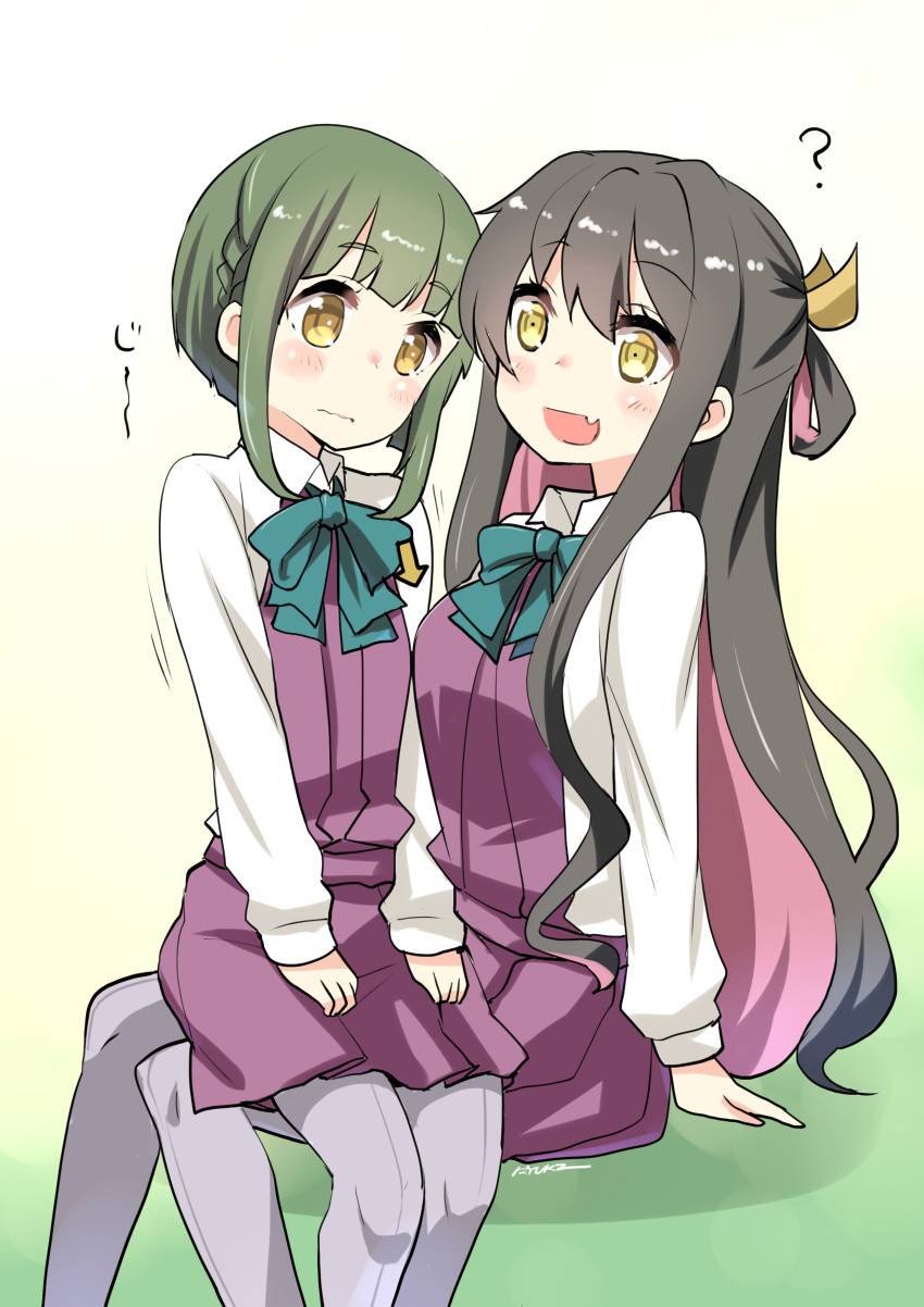 2girls ? absurdres artist_name bangs black_hair blouse blush bob_cut braid breast_envy breasts commentary_request directional_arrow dress fang green_hair hair_ribbon highres kantai_collection large_breasts long_hair long_sleeves looking_at_breasts multicolored_hair multiple_girls naganami_(kantai_collection) open_mouth pantyhose pink_hair purple_legwear ribbon ryuki_(ryukisukune) school_uniform short_hair short_hair_with_long_locks sidelocks sitting sitting_on_lap sitting_on_person sleeveless sleeveless_dress smile takanami_(kantai_collection) wavy_mouth white_blouse yellow_eyes