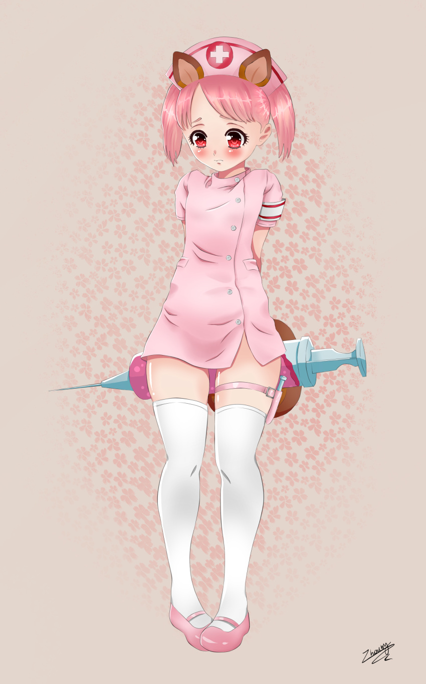 1girl absurdres animal_ears arms_behind_back blush dog_ears dress elin_(tera) hat highres mary_janes nicole_(zhainie) nurse nurse_cap oversized_object pink_hair red_eyes shoes short_hair solo syringe tail tera_online thigh-highs thigh_strap twintails white_legwear zettai_ryouiki