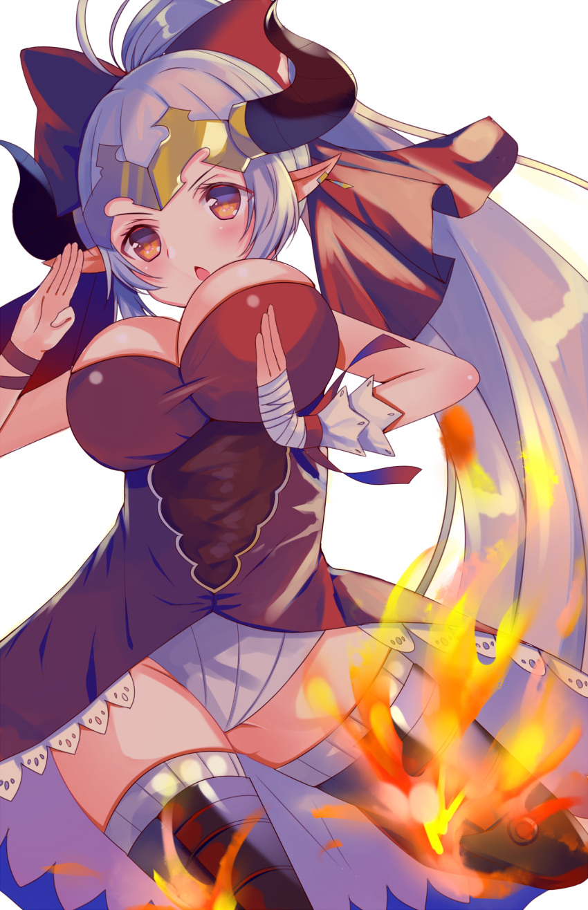 &gt;:o 1girl :o aleeza_(granblue_fantasy) blush bow breasts bursting_breasts chestnut_mouth cleavage dress earrings fire granblue_fantasy hair_bow headpiece highres horns jewelry large_breasts long_hair nan_(jyomyon) open_mouth orange_eyes pointy_ears ponytail red_bow red_dress simple_background solo thigh-highs very_long_hair white_background white_legwear