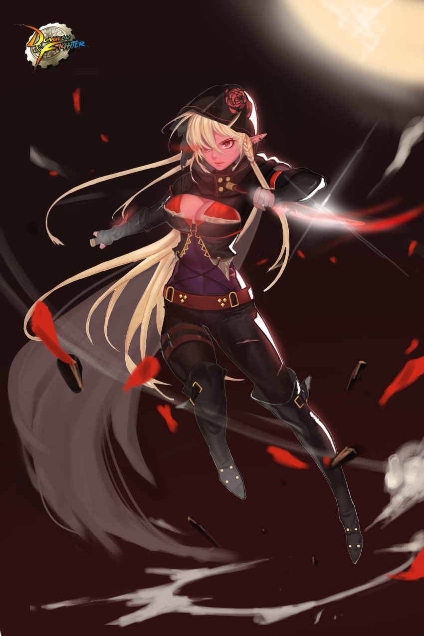 1girl absurdres belt blonde_hair boots braid breasts cape cleavage dual_wielding dungeon_and_fighter earrings elf highres hood jewelry long_hair melang_b moon pointy_ears red_eyes solo thigh_strap