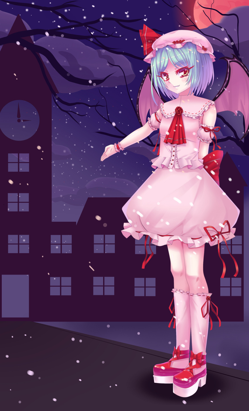 1girl absurdres ascot bat_wings blue_hair bow colored_eyelashes hat hat_bow highres kneehighs miniskirt mob_cap moon red_eyes red_moon remilia_scarlet skirt skirt_set sleeveless snowing solo sonikey0_0 touhou wings