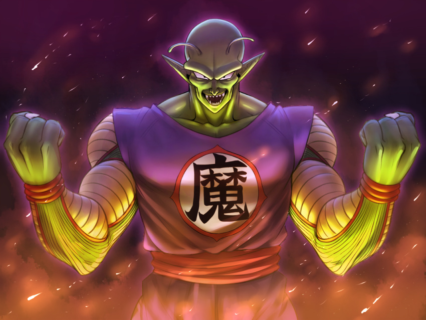 &gt;:d 1boy :d antennae bald clenched_hands collarbone commentary_request dragon_ball fangs green_skin looking_at_viewer male_focus mother's_day open_mouth piccolo_daimaou pointy_ears sharp_teeth sleeveless smile teeth yapo_(croquis_side)