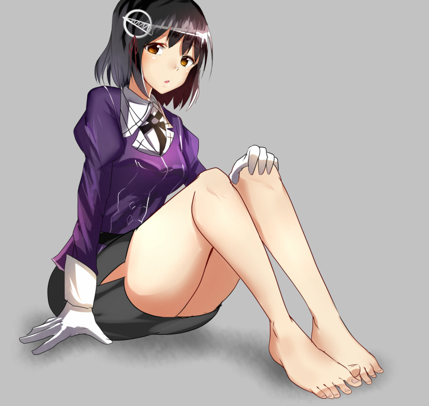 1girl barefoot black_hair brown_eyes gloves haguro_(kantai_collection) hair_ornament hand_on_own_knee hizagawa_rau juliet_sleeves kantai_collection long_sleeves looking_at_viewer miniskirt open_mouth puffy_sleeves shirt short_hair side_slit sitting skirt solo white_gloves