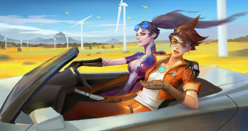 2girls arm_around_shoulder black_gloves bodysuit breasts brown_eyes brown_gloves brown_hair car casual center_opening commentary cropped_jacket driving gloves ground_vehicle jewelry li_moly long_hair looking_at_viewer medium_breasts motor_vehicle multiple_girls necklace overwatch ponytail purple_skin short_hair spiky_hair sunglasses sunglasses_on_head tracer_(overwatch) widowmaker_(overwatch) wind_turbine windmill yellow_eyes yuri