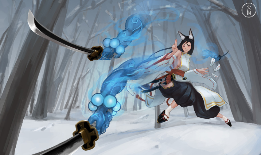 1girl animal_ears black_hair breasts detached_sleeves forest hcho highres hip_vent japanese_clothes long_hair magic nature pixiv_fantasia red_eyes sheath sideboob smile snow solo sword tabi tree weapon wide_sleeves winter