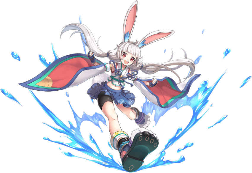 1girl animal_ears ayakashi_rumble! detached_sleeves fingerless_gloves full_body gloves japanese_clothes long_hair looking_at_viewer official_art open_mouth rabbit_ears red_eyes shorts shorts_under_skirt solo thick_eyebrows transparent_background white_hair