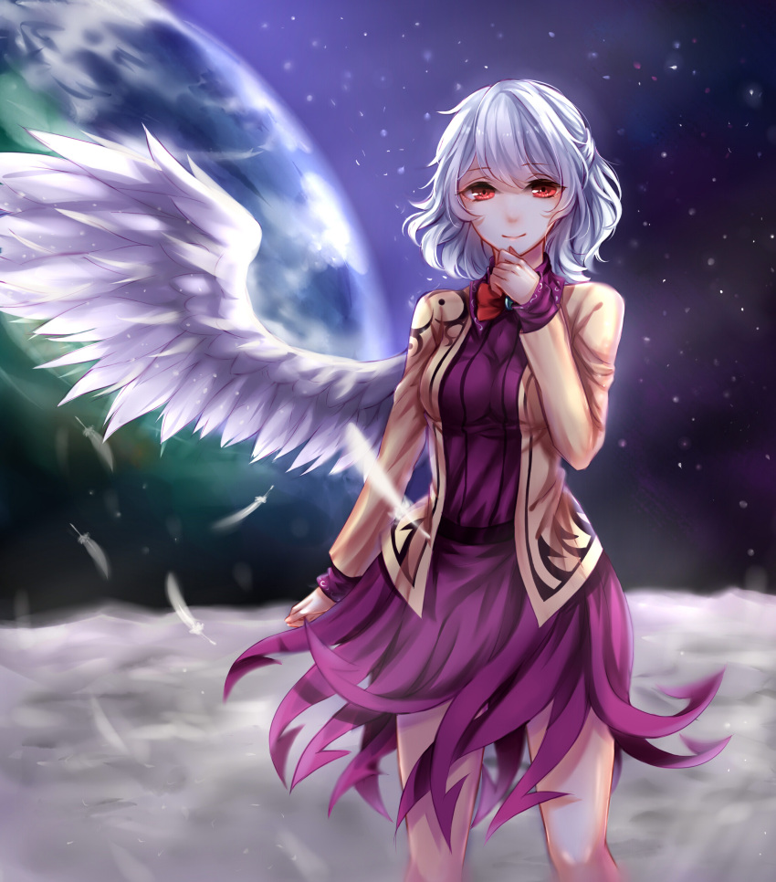 1girl absurdres angel_wings backlighting bow bowtie braid breasts brown_jacket dress earth feathers french_braid hand_up highres hips jacket kishin_sagume legs long_sleeves looking_at_viewer moon purple_dress red_eyes sheya short_dress short_hair silver_hair single_wing smile solo space standing star thighs touhou wings