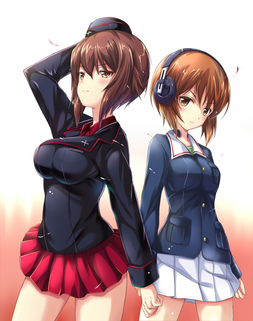 2girls arm_up arms_at_sides bangs blush breasts brown_hair buttons closed_mouth collared_shirt cowboy_shot cross_print eyebrows eyebrows_visible_through_hair frown garrison_cap girls_und_panzer gradient gradient_background hat headphones highres jacket large_breasts light_frown long_sleeves looking_at_viewer miniskirt multiple_girls nishizumi_maho nishizumi_miho pleated_skirt pocket red_shirt red_skirt shade shirt short_hair sidelocks simple_background skirt taka-kun throat_microphone white_background white_skirt yellow_eyes