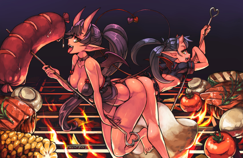 2girls ass ass-to-ass babydoll barefoot black_hair black_panties breasts cleavage corn crop_top demon_girl demon_horns demon_tail demon_wings fire food grill heart_tail_duo horns junkpuyo large_breasts long_hair looking_at_viewer microskirt multiple_girls mushroom oni oni_horns open_mouth original panties pointy_ears ponytail red_skin sausage skirt small_breasts smile steak tail tomato tongue tongue_out twintails under_boob underwear very_long_hair wings yellow_eyes